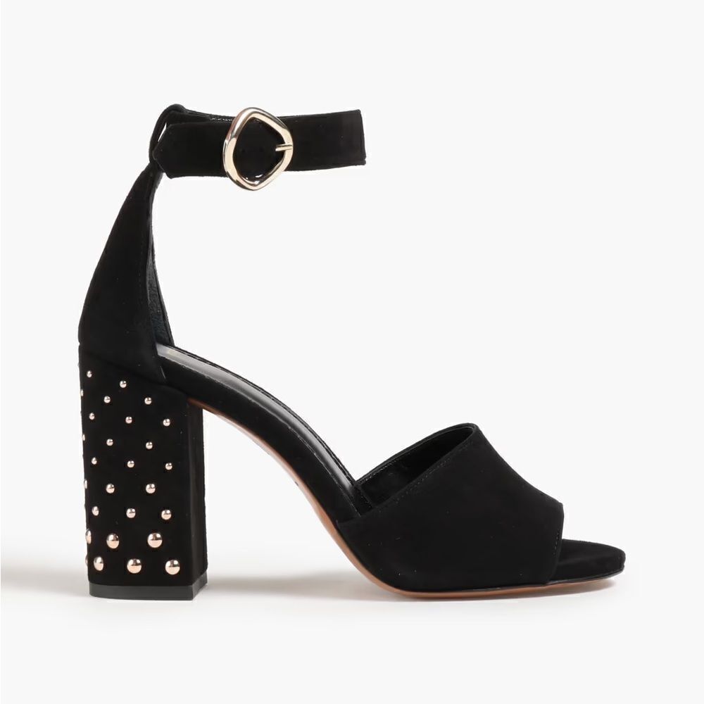 NWOB MAJE $360 Black Suede Studded Block Heel Open Toe Sandals size 36 US 6